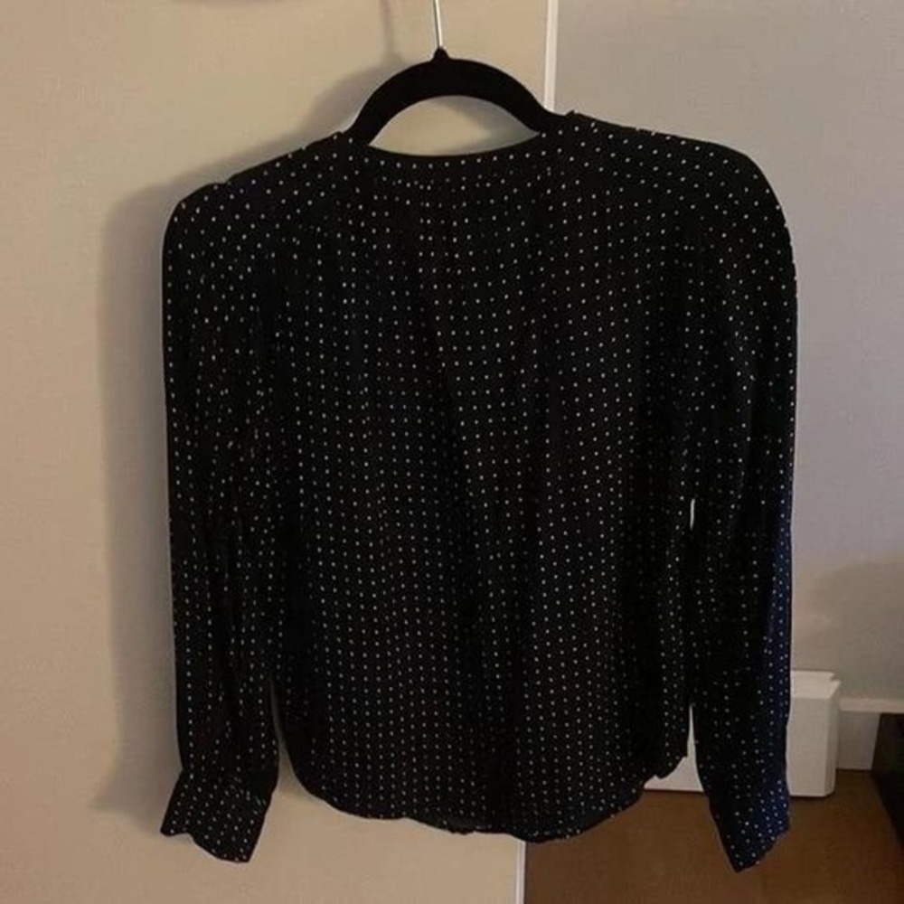 Navy Blue Polka Dot Long Sleeve Collared Blouse Womens Size M - Picture 3 of 6